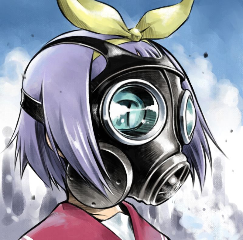 sekihan, hiiragi tsukasa, lucky star, stalker (game), bad id, bad pixiv id, 00s, 1girl, female focus, gas mask, mask, purple hair, ribbon, school uniform, serafuku, short hair, solo