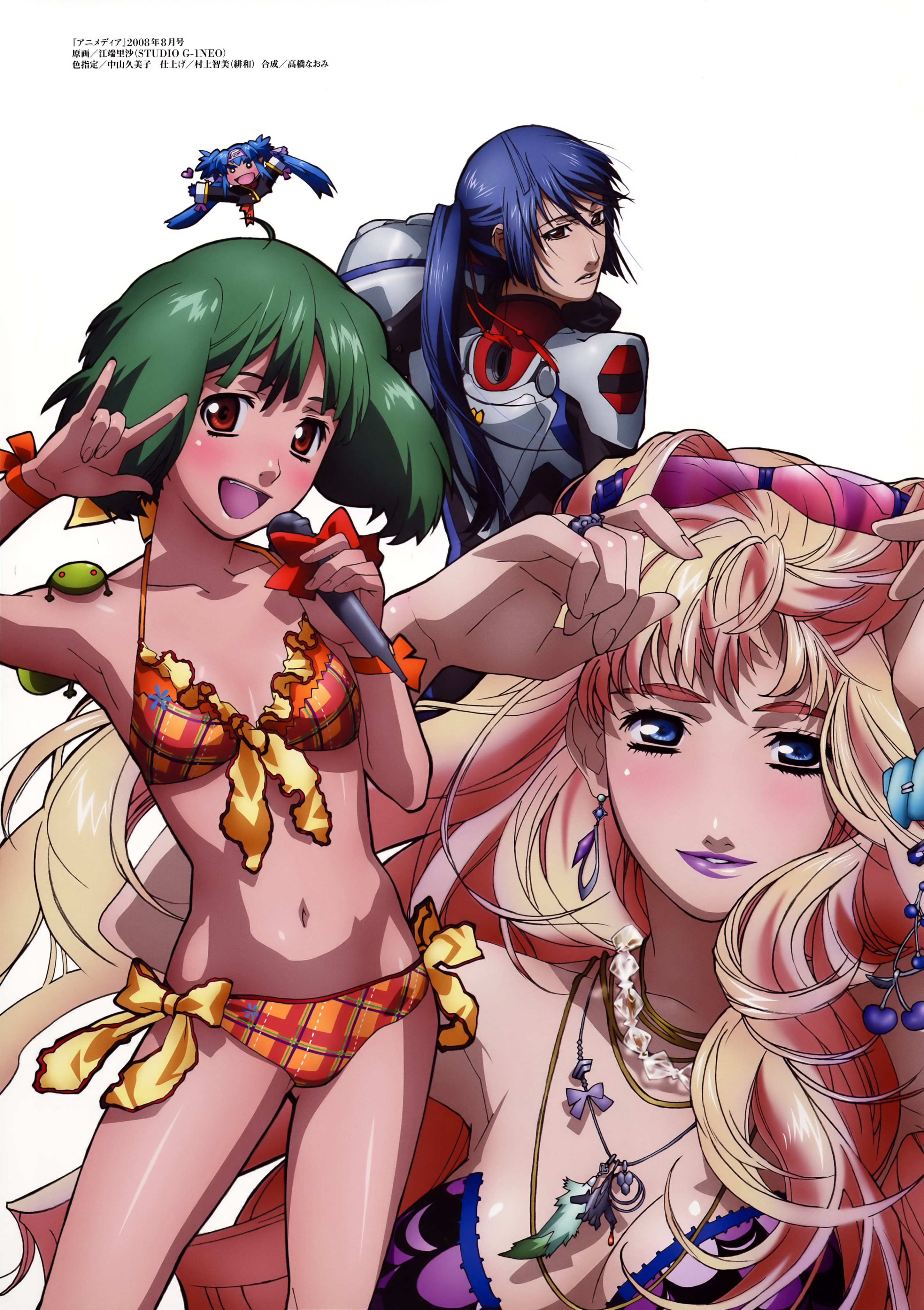 ebata risa, klan klein, ranka lee, saotome alto, sheryl nome, macross, macross frontier, absurdres, highres, scan, 00s, 1boy, 3girls, ahoge, armpits, bikini, blush, bow, bow bikini, breasts, chibi, cleavage, frilled bikini, frills, front-tie top, headband, jewelry, looking back, m/, medium breasts, microphone, midriff, multiple girls, navel, necklace, shiny skin, side-tie bikini bottom, simple background, small breasts, sunglasses, swimsuit, white background