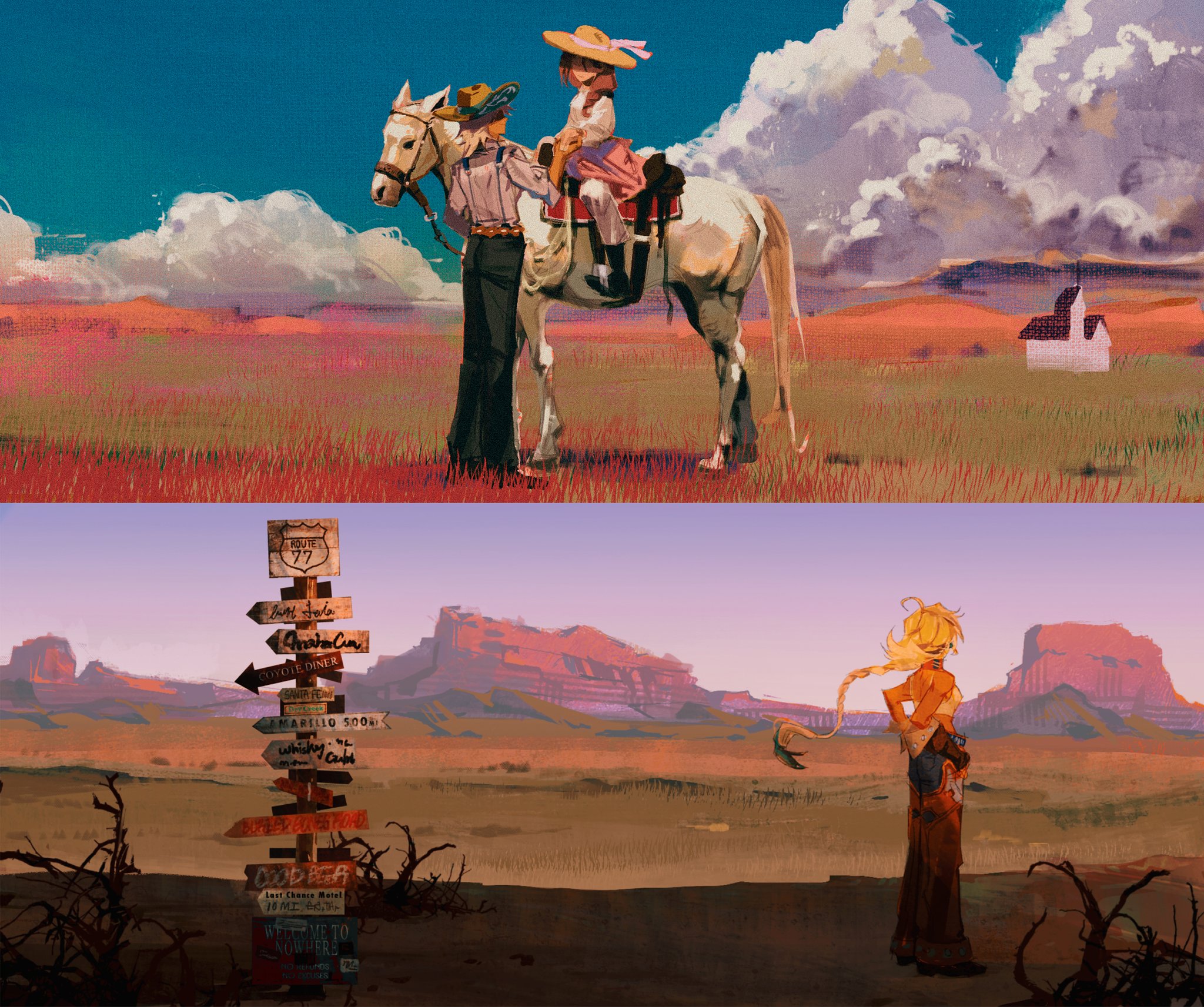 gusarlol, argus (reverse:1999), reverse:1999, highres, 1boy, 1girl, black pants, blonde hair, braid, brown hair, cloud, golden hour, hands on own hips, hat, horse, outdoors, pants, sky