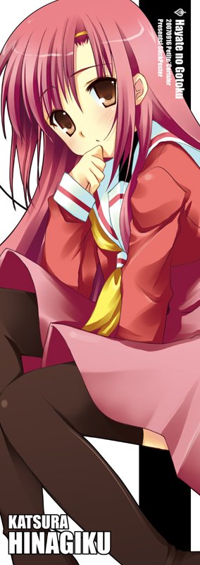 sakura hanpen, katsura hinagiku, hayate no gotoku!, bad id, bad pixiv id, 00s, blush, long hair, pink hair, school uniform, serafuku, socks, solo, thighhighs