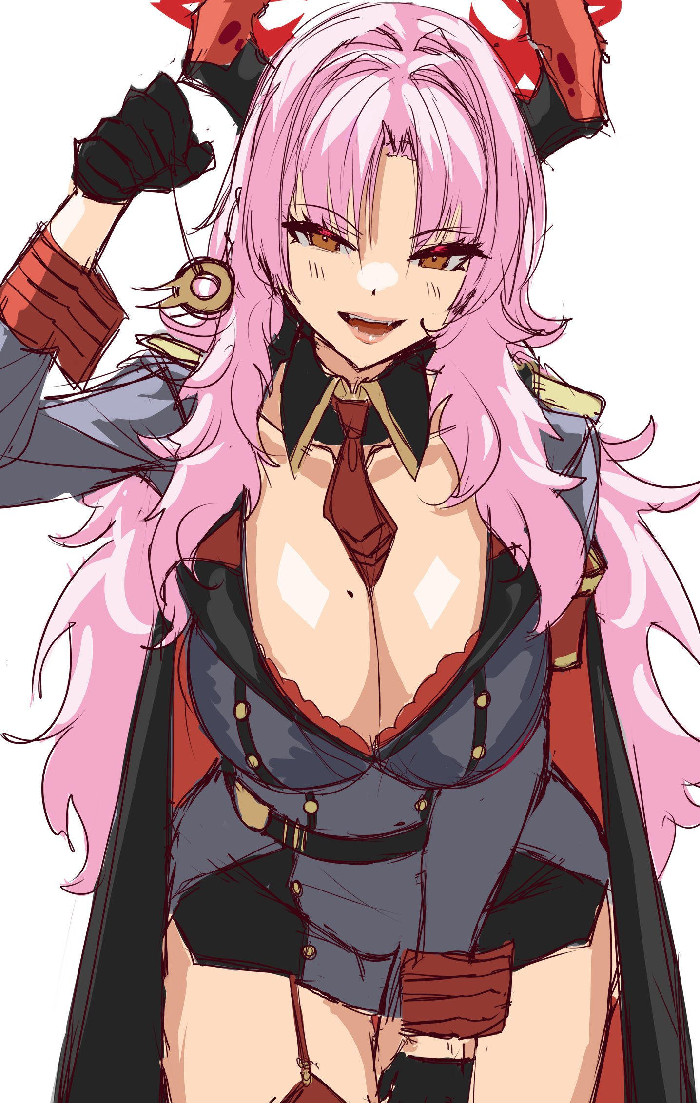 enma (enmanuelart), satsuki (blue archive), blue archive, highres, unfinished, 1girl, black cloak, black collar, black gloves, black horns, bra, breasts, cleavage, cloak, collar, collarbone, cowboy shot, detached collar, eyelashes, garter straps, gloves, grey jacket, halo, hand up, holding, horns, huge breasts, hypnosis, jacket, lace, lace-trimmed bra, lace trim, leaning forward, light blush, long hair, looking at viewer, military jacket, mind control, mole, mole on breast, multicolored horns, necktie, orange eyes, pink hair, red bra, red halo, red horns, red necktie, red thighhighs, single garter strap, single thighhigh, sketch, solo, thick thighs, thigh gap, thighhighs, thighs, two-tone horns, underwear, very long hair