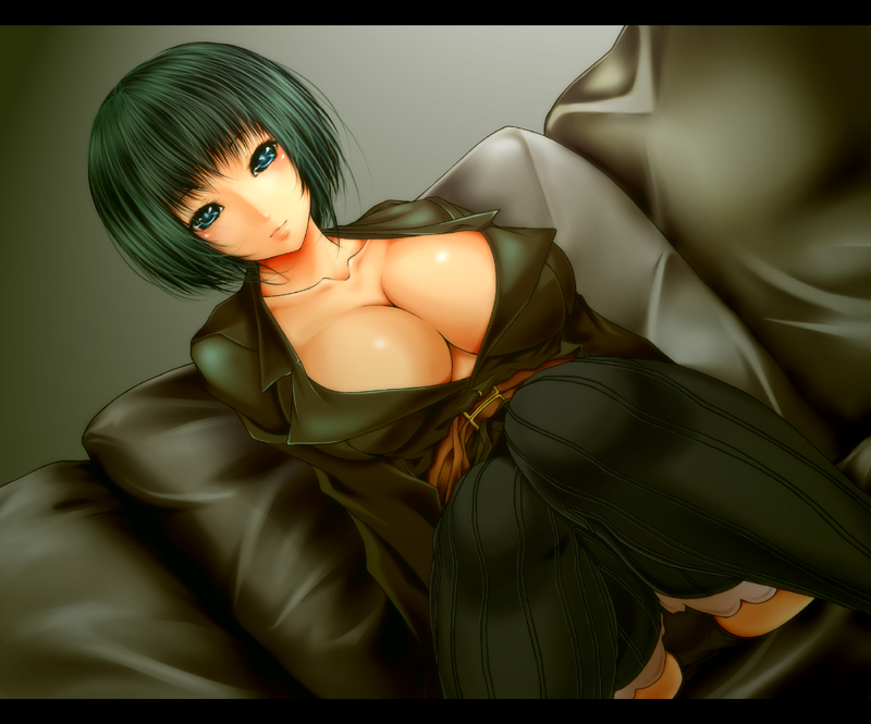 viola (seed), original, bad id, bad pixiv id, 1girl, belt, blazer, blue eyes, bob cut, breasts, cleavage, couch, female focus, green hair, jacket, large breasts, letterboxed, panties, pantyshot, short hair, sitting, solo, thighhighs, underwear
