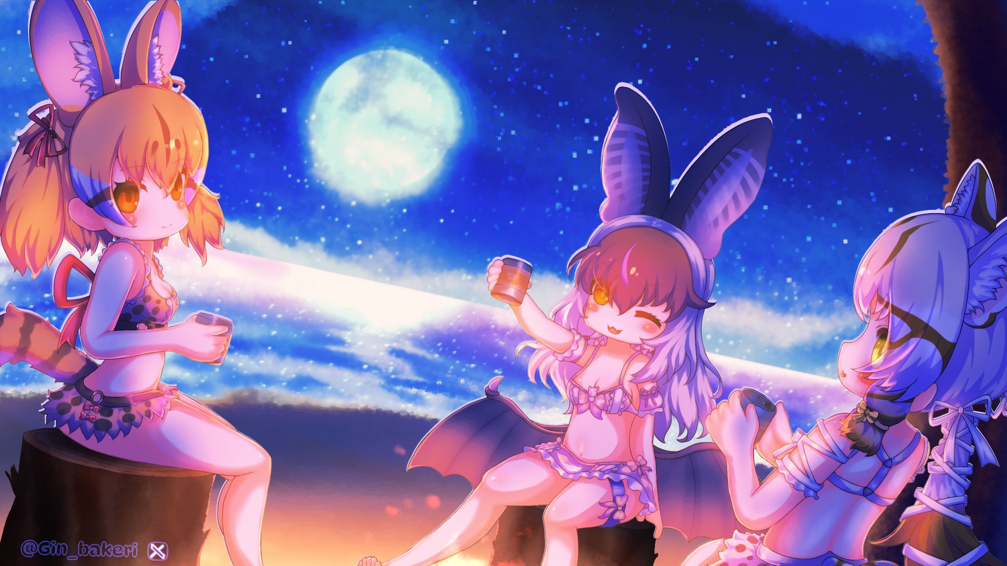 gin bakery, brown long-eared bat (kemono friends), geoffroy's cat (kemono friends), large-spotted genet (kemono friends), kemono friends, kemono friends v project, highres, 3girls, animal ears, beach, bikini, brown eyes, brown hair, cat ears, cat girl, cat tail, cup, extra ears, grey hair, holding, holding cup, long hair, moon, multicolored hair, multiple girls, night, night sky, one eye closed, ribbon, sky, streaked hair, swimsuit, tail, twintails, virtual youtuber, wings, yellow eyes