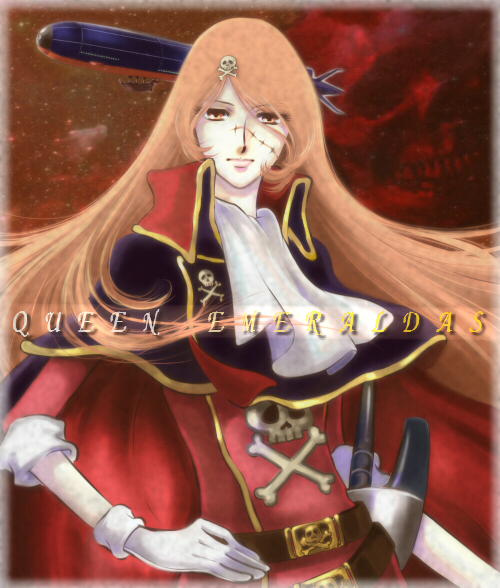 yuzuru saeki, emeraldas, esmeralda (harlock), harlock saga, queen emeraldas, uchuu kaizoku captain harlock, waga seishun no arcadia, space pirate, 1980s (style), 1970s (style), 1990s (style), 1girl, aircraft, ascot, belt, cape, coat, dirigible, female focus, gloves, hair ornament, hairclip, jolly roger, long hair, matching hair/eyes, oldschool, orange eyes, orange hair, retro artstyle, scar, scar on face, scar on nose, science fiction, skull, skull and crossbones, skull hair ornament, solo, space, spacecraft, star (symbol), sword, trench coat, weapon