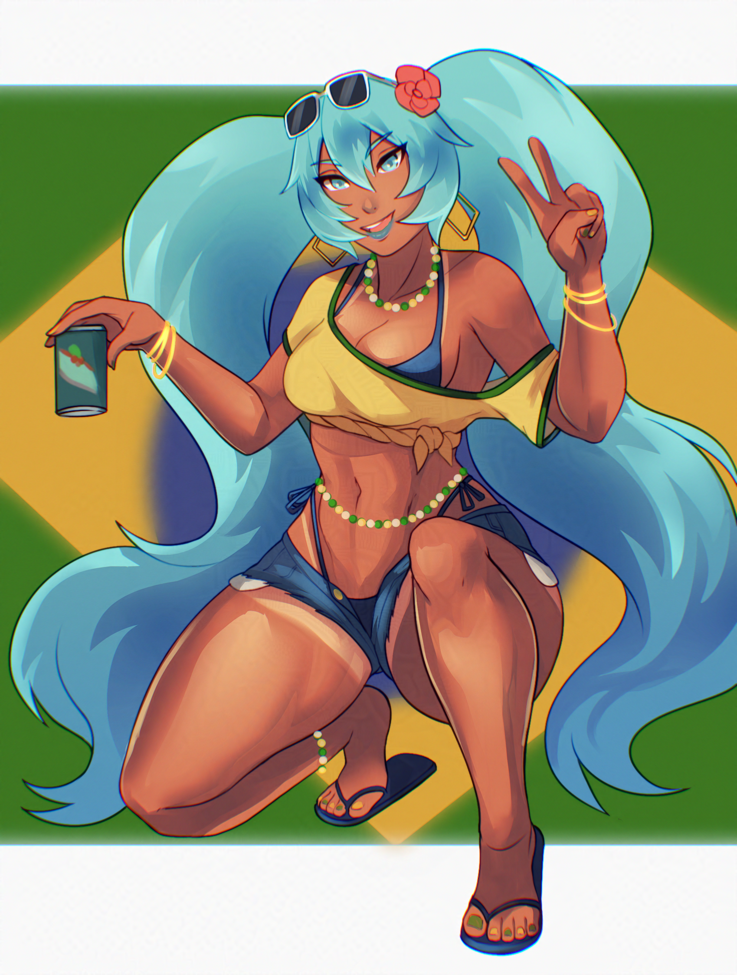 artistic madman, brazilian miku, hatsune miku, vocaloid, 1girl, dark-skinned female, dark skin, smile, twintails
