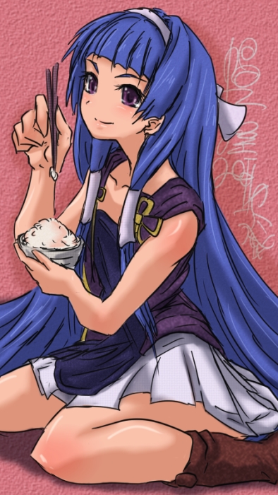 madhatter hello, nagi, kannagi, bad id, bad pixiv id, 00s, blue hair, blunt bangs, chopsticks, eating, hair tubes, long hair, pleated skirt, purple eyes, rice, skirt, solo, white skirt