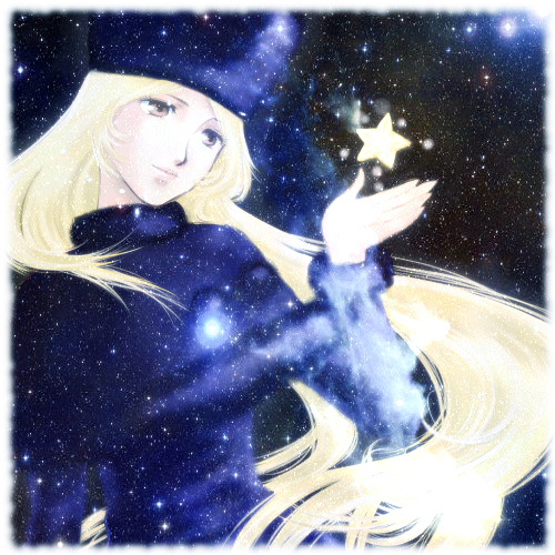 yuzuru saeki, maetel, ginga tetsudou 999, lowres, blonde hair, fur hat, hat, long hair, smile, solo, space, star (symbol)