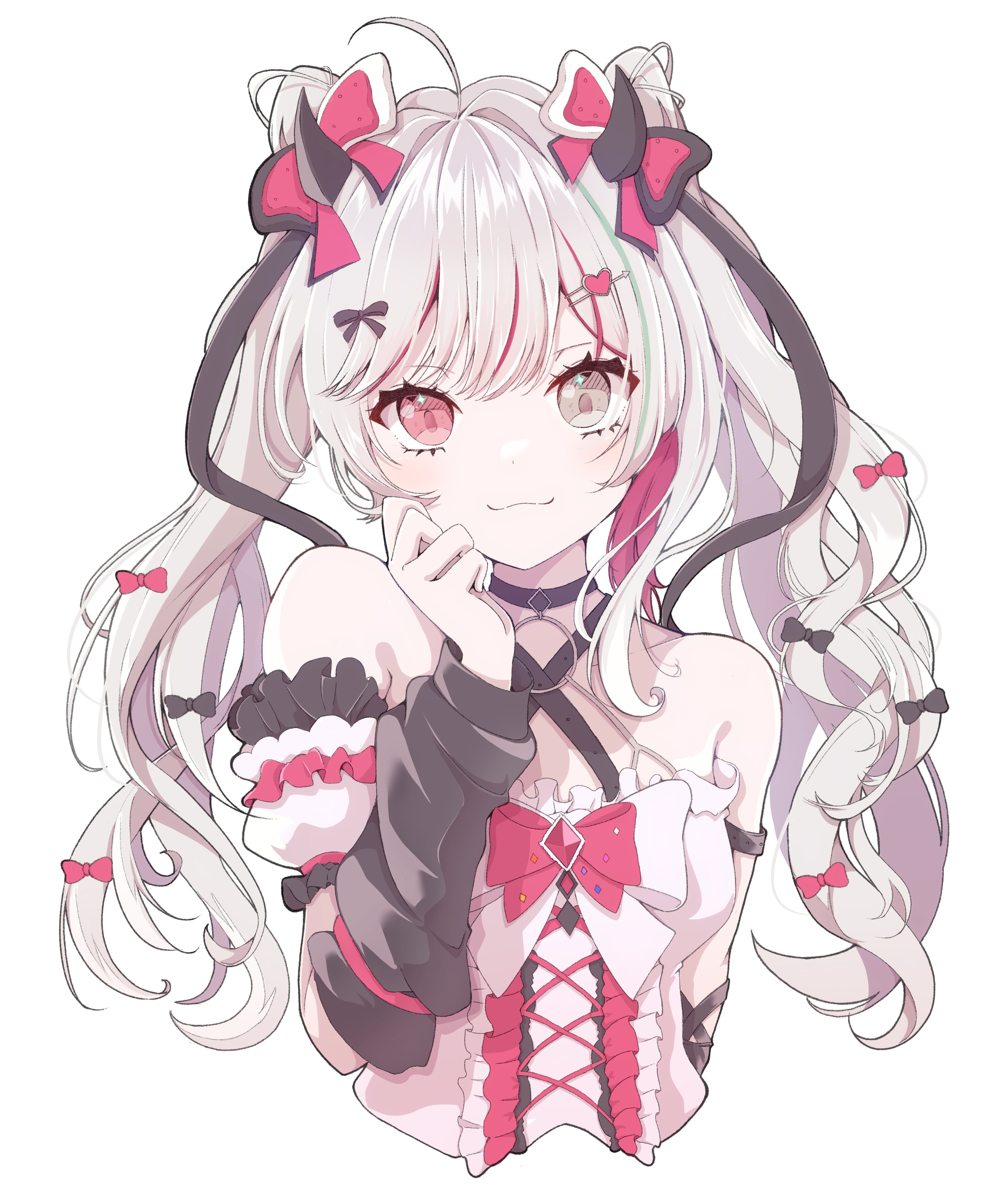 lulu0607, ishigami nozomi, nijisanji, absurdres, highres, 1girl, arm warmers, bare shoulders, black arm warmers, black bow, bow, dress, grey eyes, grey hair, hair ornament, heterochromia, long hair, looking at viewer, pink bow, pink dress, pink eyes, simple background, solo, twintails, upper body, virtual youtuber, white background