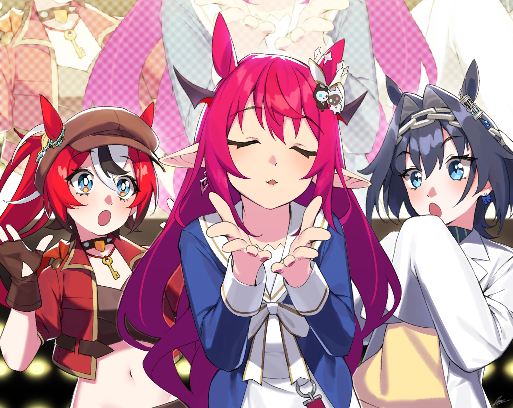 dasdokter, agnes tachyon (tach-nology) (umamusume), agnes tachyon (umamusume), bloom (irys), gloom (irys), grass wonder (stone-piercing blue) (umamusume), grass wonder (umamusume), hakos baelz, irys (hololive), ouro kronii, tokai teio (beyond the horizon) (umamusume), tokai teio (umamusume), hololive, hololive english, umamusume, commentary, english commentary, highres, 3girls, agnes tachyon (umamusume) (cosplay), alternate hairstyle, animal ears, black collar, black hair, blowing kiss, blue eyes, blue hair, blue jacket, bow, bow earrings, brown gloves, chain, chain headband, character hair ornament, closed eyes, coat, collar, cosplay, crop top, cropped jacket, double-parted bangs, dress, earrings, facing viewer, fingerless gloves, gloves, grass wonder (umamusume) (cosplay), hair between eyes, hair intakes, hair ornament, horns, horse ears, horse girl, jacket, jewelry, lab coat, long sleeves, looking at another, midriff, multicolored hair, multiple girls, navel, open mouth, pointy ears, ponytail, purple hair, red hair, red jacket, sailor collar, short-sleeved jacket, short hair, short sleeves, single earring, sleeve cuffs, sleeves past fingers, sleeves past wrists, spiked collar, spikes, streaked hair, sweater, tokai teio (umamusume) (cosplay), virtual youtuber, white coat, white dress, white hair, white sailor collar, yellow sweater