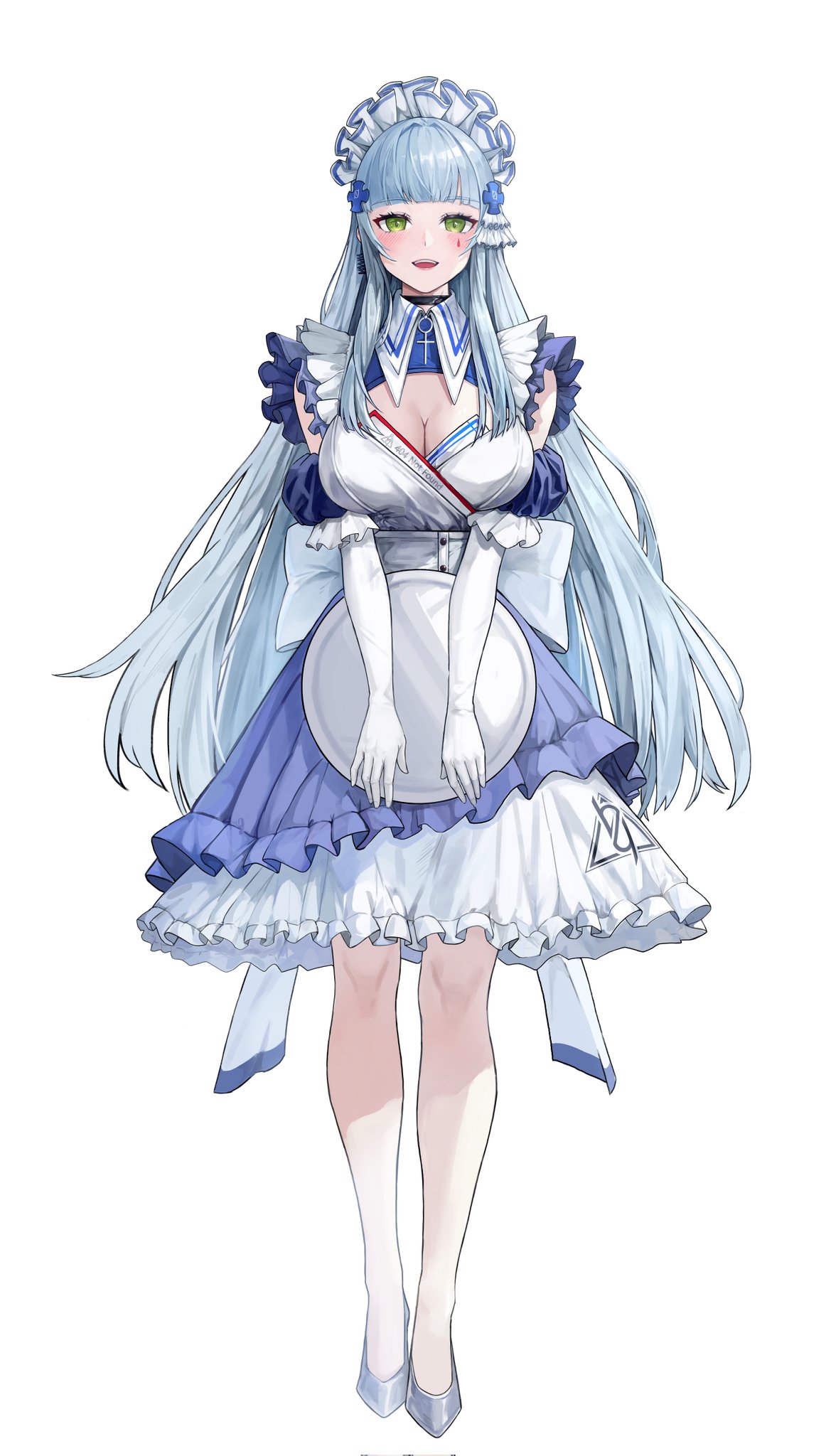 hk416 (girls' frontline), klukai (girls' frontline 2), girls' frontline, girls' frontline 2: exilium, highres, 1girl, alternate costume, bare shoulders, blease, breasts, cleavage, detached sleeves, green eyes, large breasts, long hair, looking at viewer, maid, maid headdress, simple background, smile, solo, unconventional maid, white background, white hair
