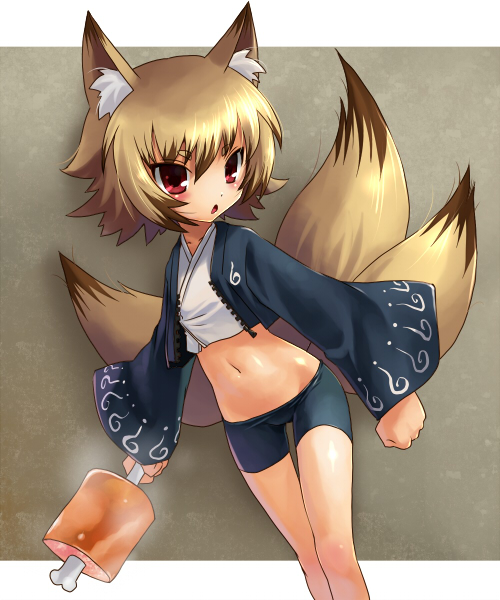 katahira masashi, sanbi (reku), original, 1girl, animal ears, bike shorts, boned meat, borrowed character, brown hair, female focus, food, fox ears, fox tail, meat, midriff, navel, red eyes, short shorts, shorts, solo, tail