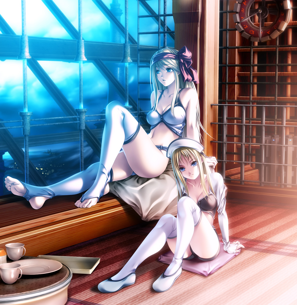 rezi, original, bad id, bad pixiv id, 2girls, bandana, blonde hair, blue eyes, breasts, feet, hat, legs, lips, long hair, medium breasts, multiple girls, nurse cap, sitting, thighhighs, toeless legwear, toes, white thighhighs, window