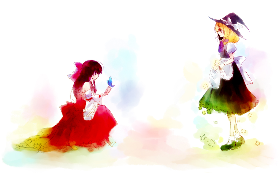 nr (cerumia), nr (cmnrr), nr (pixiv), hakurei reimu, kirisame marisa, touhou, bad id, bad pixiv id, 2girls, blonde hair, bug, butterfly, female focus, hat, long hair, multiple girls, sitting, standing, star (symbol)