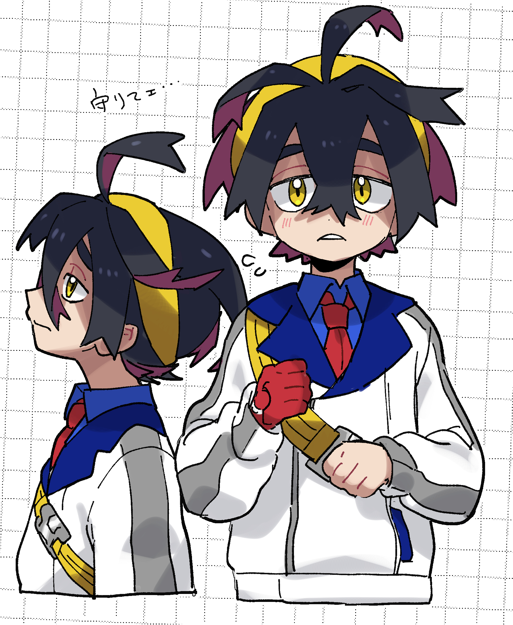 ssssmgk, kieran (pokemon), nintendo, pokemon, pokemon sv, highres, translation request, 1boy, black hair, blue shirt, blush, closed mouth, collared shirt, crossed bangs, flying sweatdrops, gloves, grid background, hair between eyes, hairband, jacket, long sleeves, male focus, multicolored hair, multiple views, purple hair, red gloves, shirt, simple background, single glove, upper body, white jacket, yellow eyes, yellow hairband