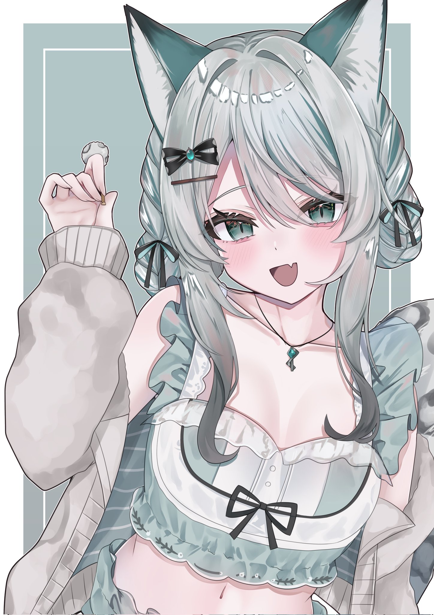 indie virtual youtuber, highres, 1girl, animal ears, aqua eyes, brown jacket, crop top, grey hair, hair ornament, hinamori anthea, jacket, jewelry, long hair, long sleeves, looking at viewer, midriff, navel, necklace, open clothes, open jacket, open mouth, sidelocks, snow leopard ears, snow leopard girl, snow leopard tail, solo, upper body, virtual youtuber, yuyuna vt