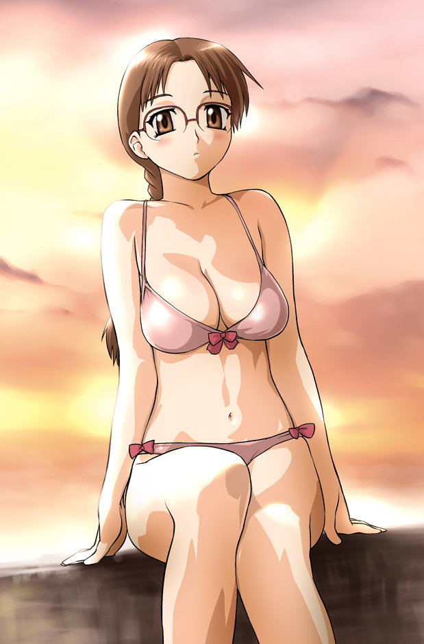 ueyama michirou, hoshina tomoko, to heart, to heart (series), 1girl, bikini, blush, braid, breasts, brown eyes, brown hair, cleavage, female focus, glasses, large breasts, long hair, solo, sunset, swimsuit