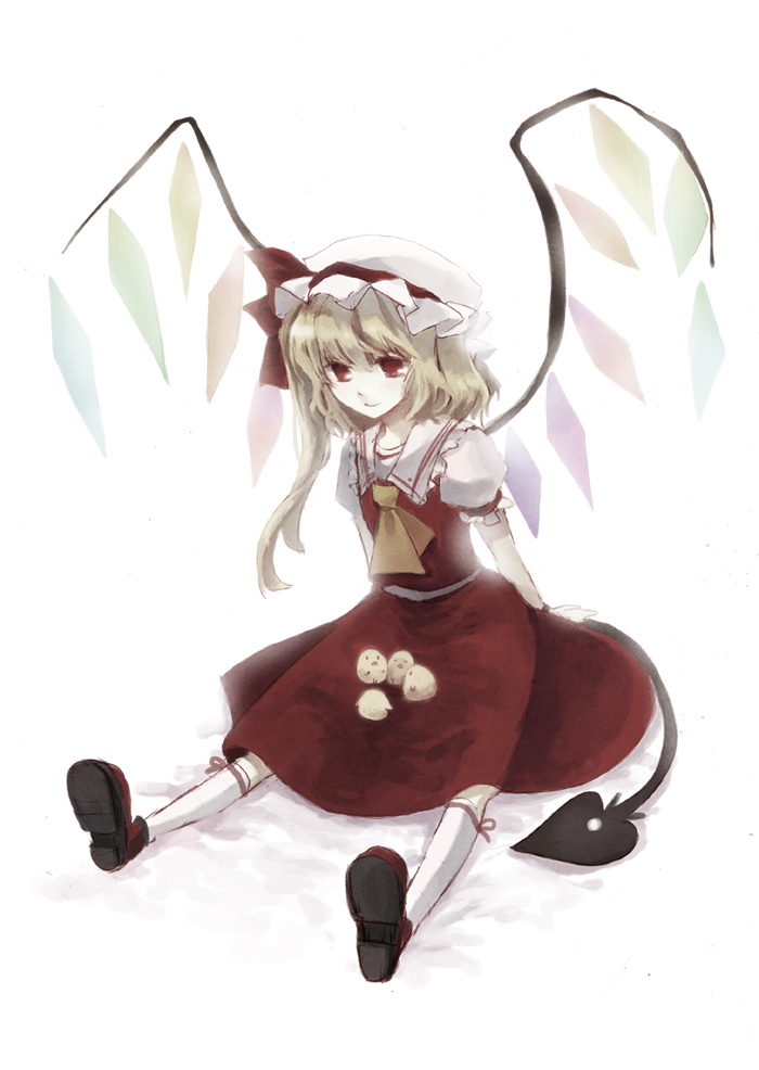 nr (cerumia), nr (cmnrr), nr (pixiv), flandre scarlet, touhou, lap, bad id, bad pixiv id, 1girl, animal, baby animal, bird, chick, female focus, red eyes, side ponytail, sitting, smile, solo, wings