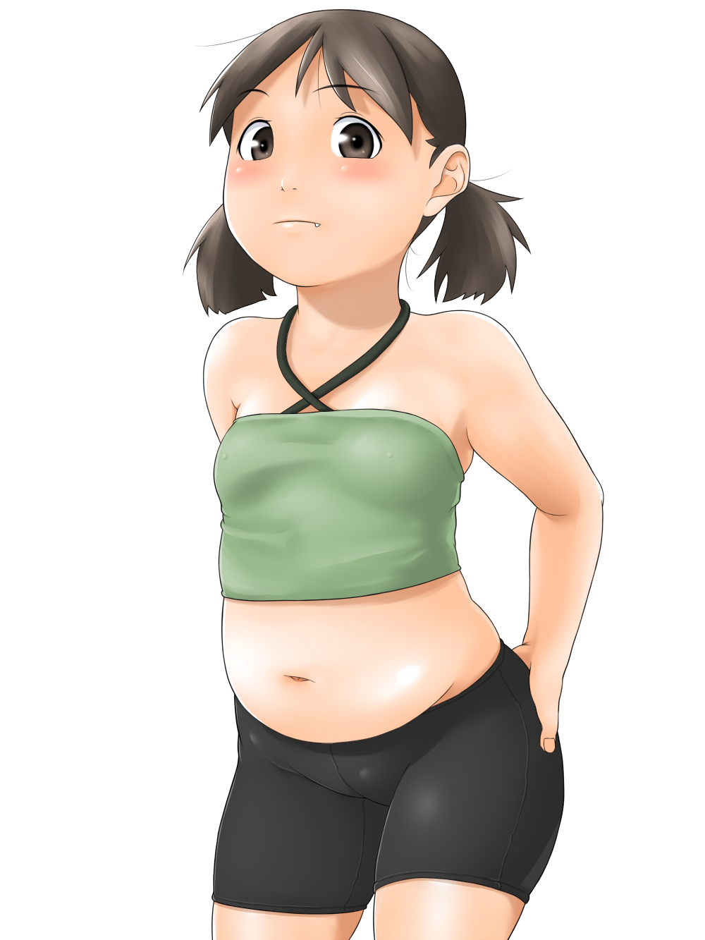 hentai oyaji, original, bad id, bad pixiv id, highres, 1girl, bike shorts, blush, breasts, brown eyes, brown hair, fang, female focus, midriff, plump, small breasts, solo, twintails