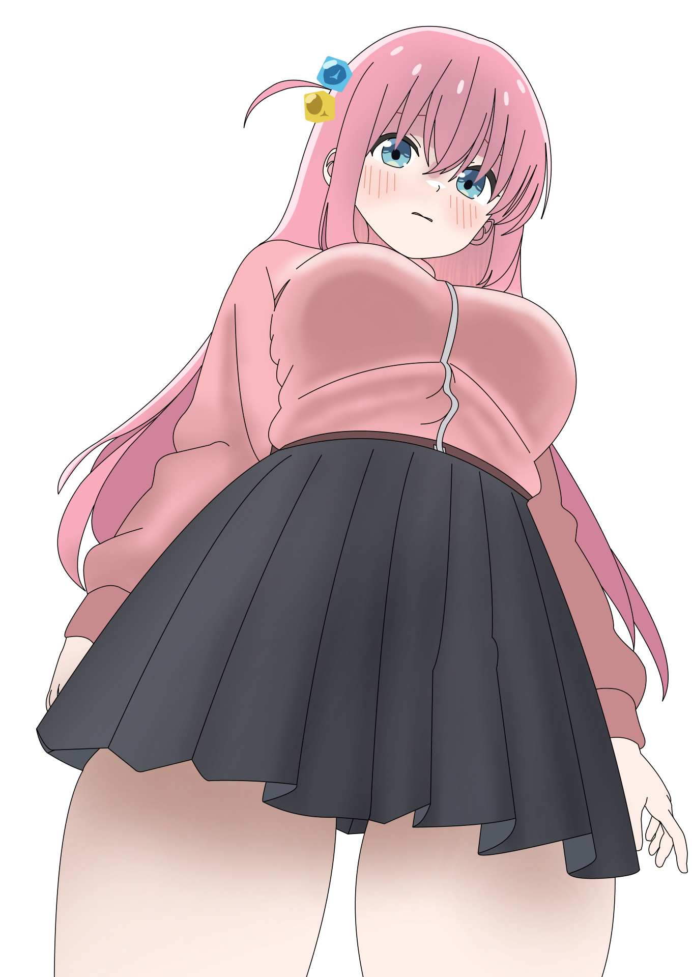 reisenzero, gotoh hitori, bocchi the rock!, highres, 1girl, blue eyes, blush, breasts, cube hair ornament, hair between eyes, hair ornament, jacket, long hair, long sleeves, one side up, open mouth, pink hair, pink jacket, pink track suit, side ahoge, simple background, skirt, solo, thighs, track jacket, track suit, white background