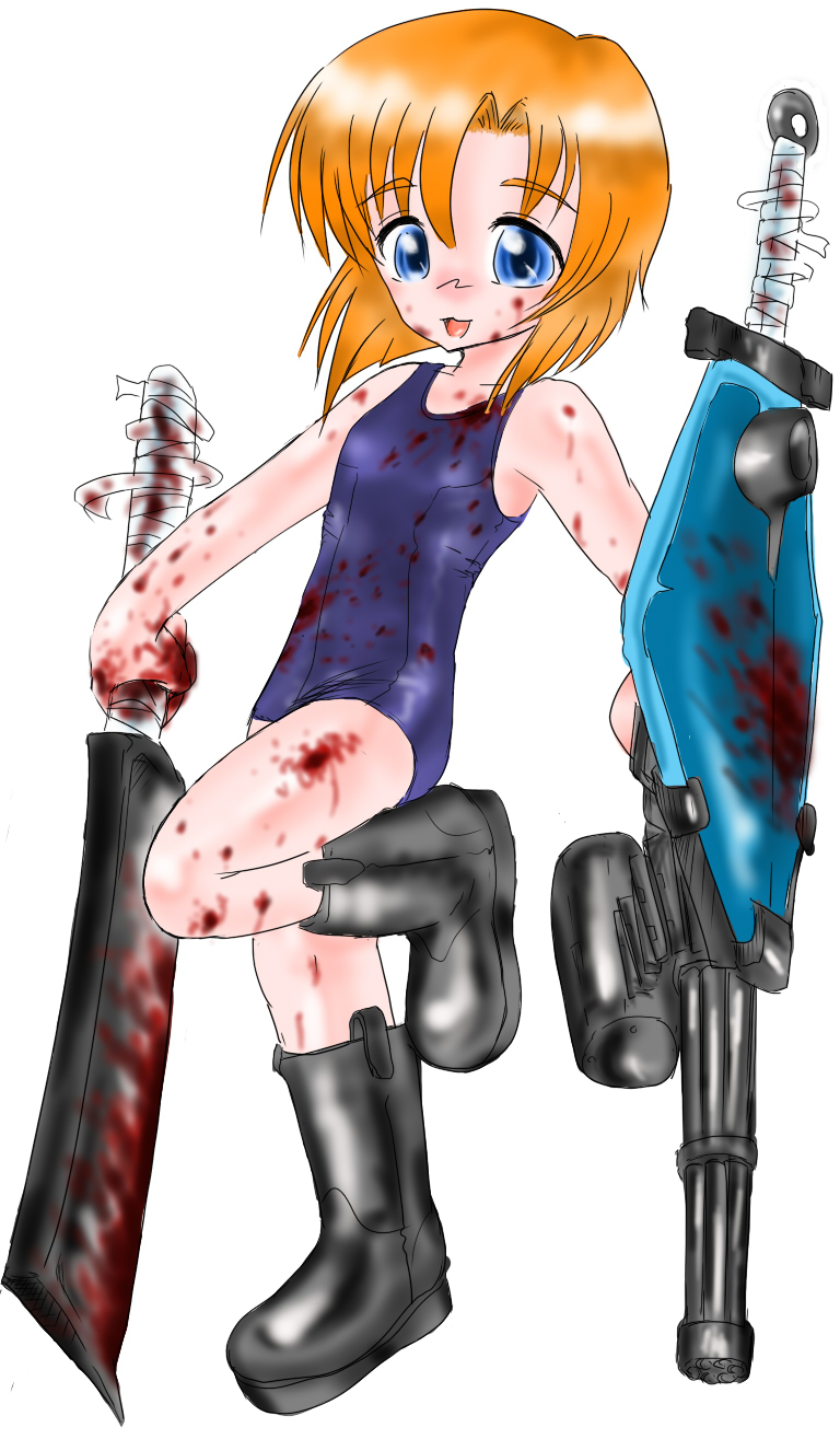 paranoid (artist), gouf custom, ryuuguu rena, higurashi no naku koro ni, bad id, bad pixiv id, highres, 00s, 1girl, billhook, blood, blood stain, blue eyes, boots, female focus, gun, hashitsuki nata, hatchet, nata (tool), one-piece swimsuit, orange hair, ryukishi07 (style), school swimsuit, short hair, solo, swimsuit, weapon, yandere