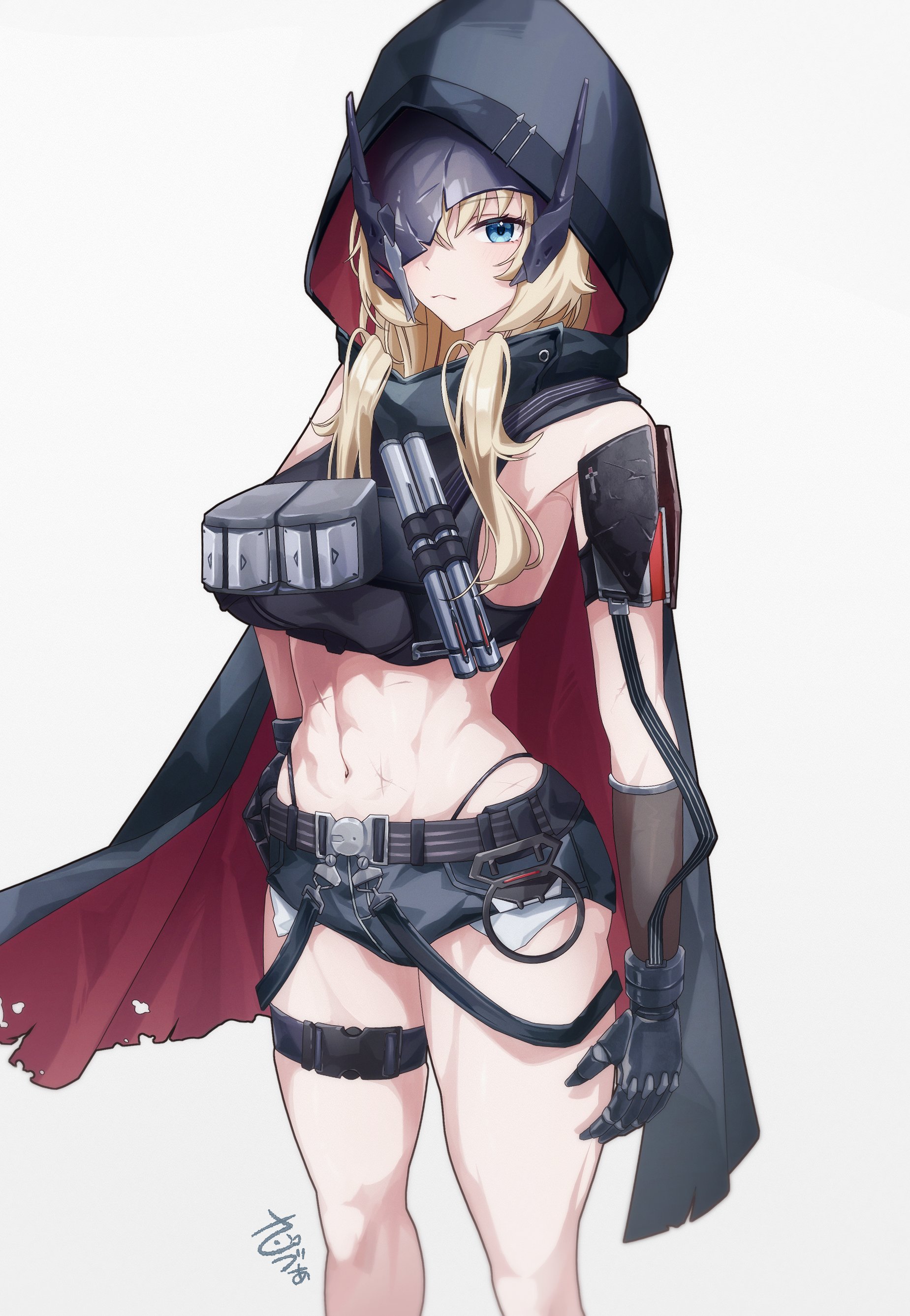 sava (sava 2539), grave (nikke), goddess of victory: nikke, absurdres, highres, 1girl, black cloak, blonde hair, blue eyes, broken mask, buckle, cloak, hood, hooded cloak, mask, metal gloves, multiple scars, navel, scar, scar on stomach, snap-fit buckle, solo, torn cloak, torn clothes, white background