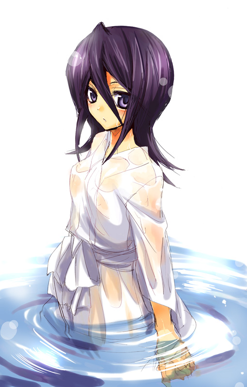 sanshoku amido, kuchiki rukia, bleach, 00s, 1girl, breasts, female focus, hair between eyes, japanese clothes, medium breasts, nipples, purple eyes, purple hair, robe, see-through clothes, solo, water, wet, wet clothes