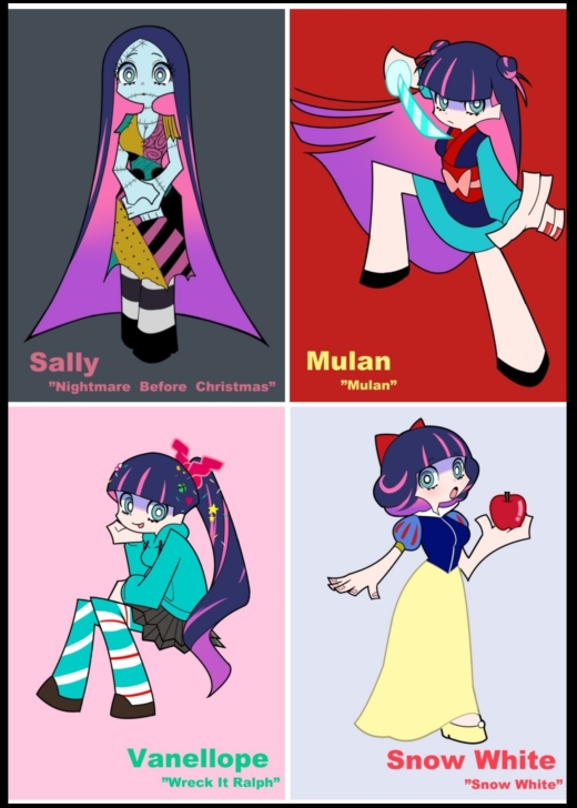 fa mulan (disney), sally (nbc), snow white (disney), stocking (psg), vanellope von schweetz, disney, mulan (movie), panty & stocking with garterbelt, snow white and the seven dwarfs (disney), the nightmare before christmas, wreck-it ralph, 1girl, blue eyes, blunt bangs, bow, breasts, colored inner hair, dress, hair bow, long hair, looking at viewer, multicolored hair, multiple persona, over-kneehighs, pantyhose, pink hair, striped clothes, striped thighhighs, thighhighs, two-tone hair, user nggj5578