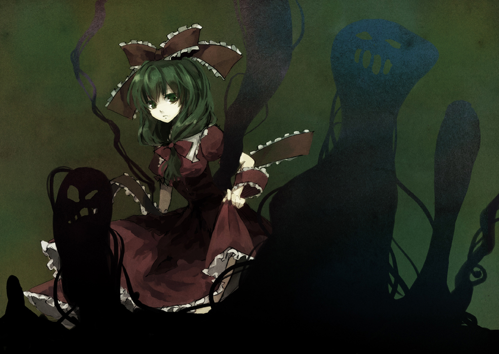 nr (cerumia), nr (cmnrr), nr (pixiv), kagiyama hina, touhou, bad id, bad pixiv id, 1girl, adapted costume, breasts, dress, expressionless, female focus, front ponytail, green eyes, green hair, hair ribbon, long hair, looking at viewer, matching hair/eyes, medium breasts, pale skin, puffy sleeves, red dress, ribbon, solo