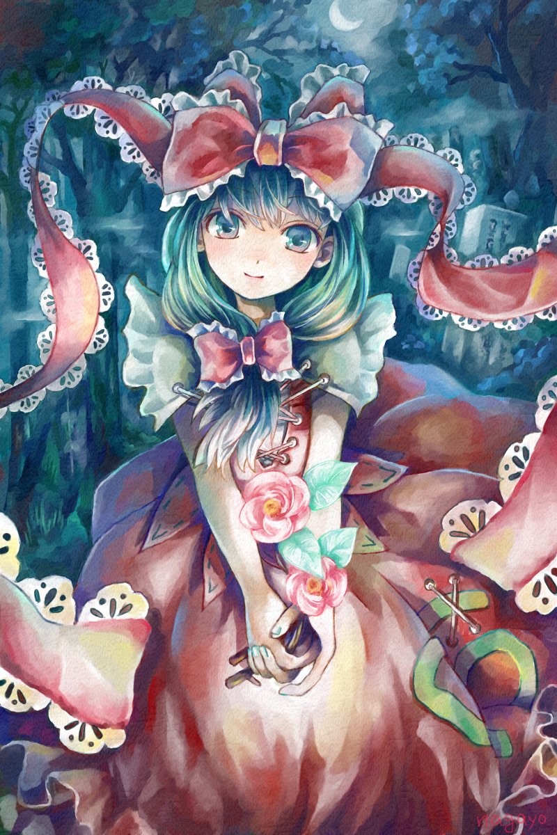 nagayo, kagiyama hina, touhou, commentary request, highres, 1girl, aqua nails, artist name, bow, camellia, closed mouth, cowboy shot, crescent moon, cross-laced clothes, dress, flower, forest, frilled bow, frills, front ponytail, green eyes, green hair, hair ribbon, head tilt, holding, holding flower, lace, lace-trimmed ribbon, lace trim, long hair, looking at viewer, moon, nail polish, nature, night, night sky, outdoors, red bow, red dress, red ribbon, ribbon, sky, smile, solo, tree