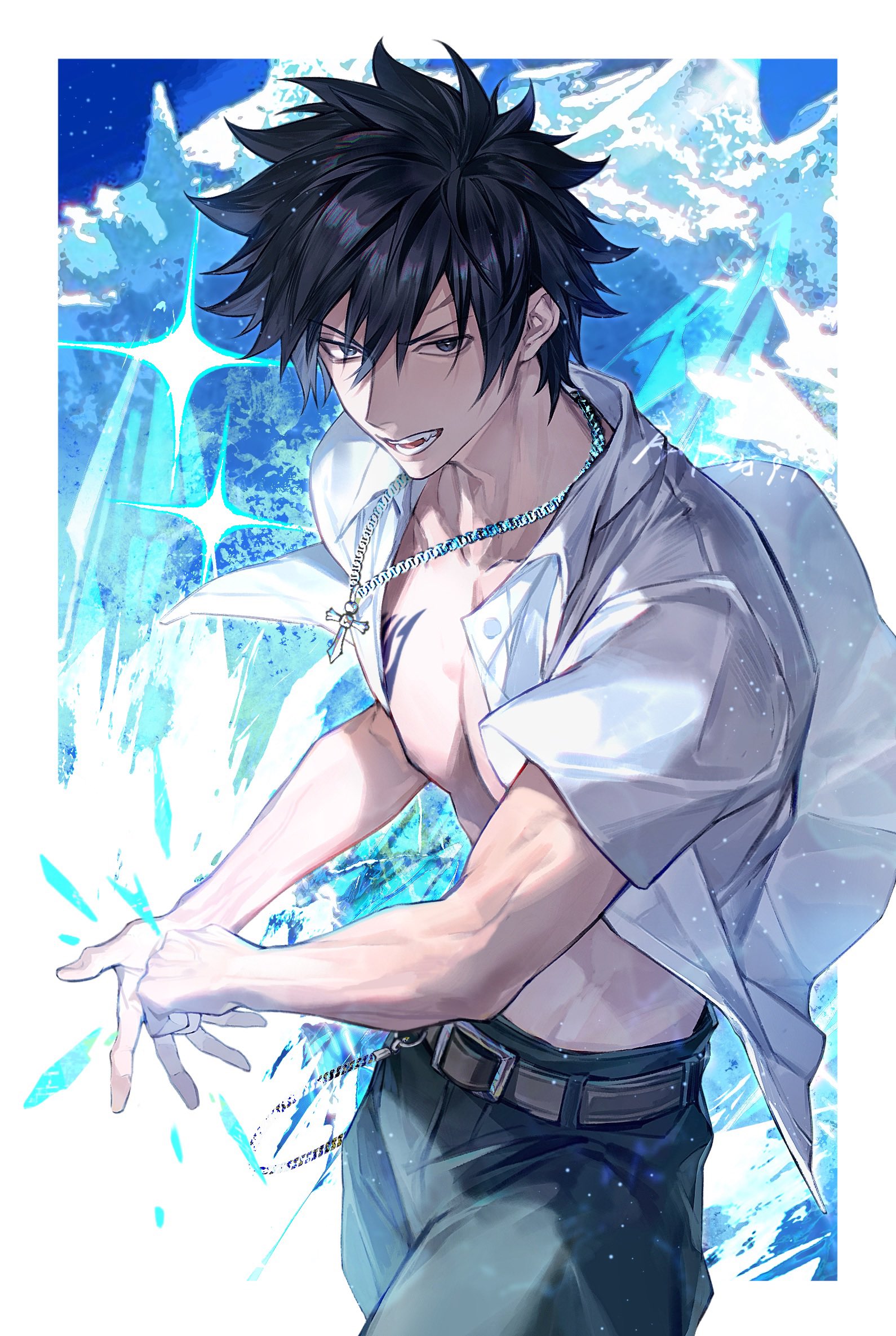 xuchuan, gray fullbuster, fairy tail, commentary, highres, 1boy, artist name, belt, black hair, border, chest tattoo, collared shirt, cowboy shot, dated, jewelry, looking at viewer, male focus, necklace, open clothes, open mouth, open shirt, outside border, pants, shirt, short hair, solo, spiked hair, tattoo, teeth, white border, white shirt