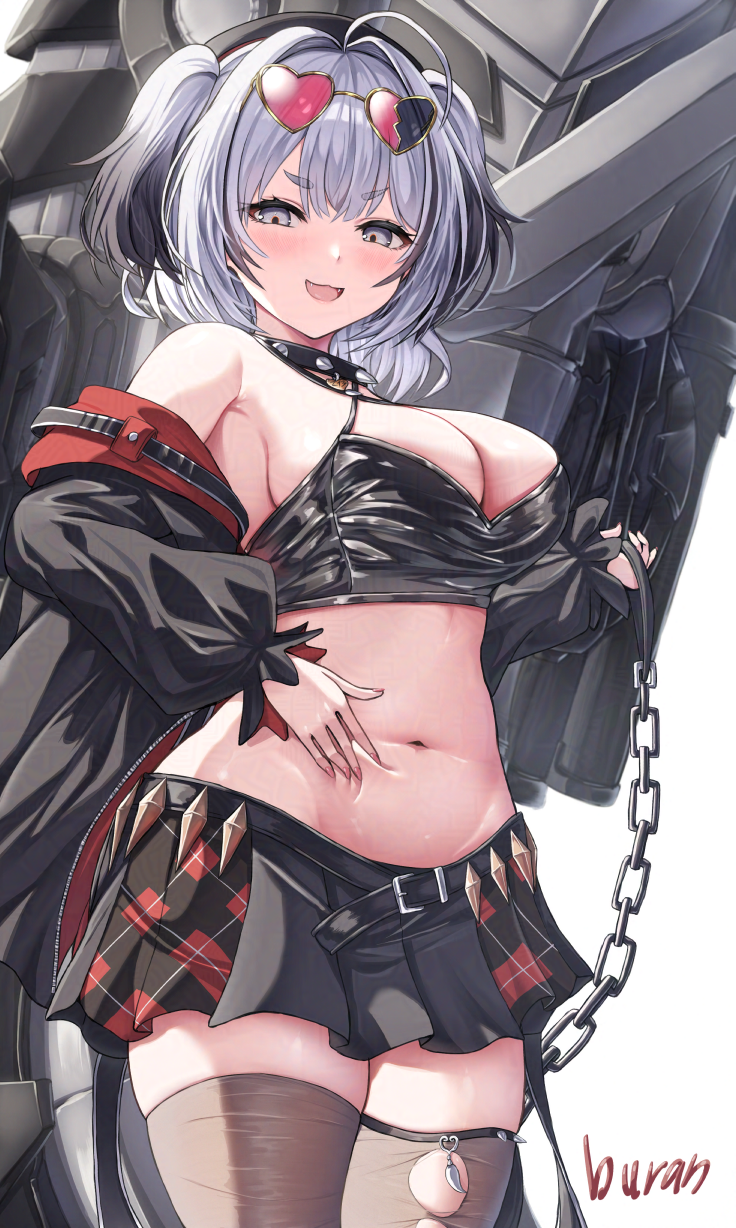 buran (22x), z13 (azur lane), azur lane, highres, 1girl, :d, bare shoulders, black hair, black skirt, blush, breasts, choker, cleavage, clothes pull, crop top, fangs, from below, gradient hair, groin, hair between eyes, hand on own stomach, hand up, heart, heart-shaped eyewear, hip focus, jacket, jacket pull, looking at viewer, looking down, medium breasts, medium hair, miniskirt, multicolored hair, navel, open clothes, open jacket, open mouth, pleated skirt, purple eyes, rigging, skirt, smile, smug, solo, spiked choker, spikes, stomach, thighhighs, thighs, torn clothes, torn thighhighs, white hair