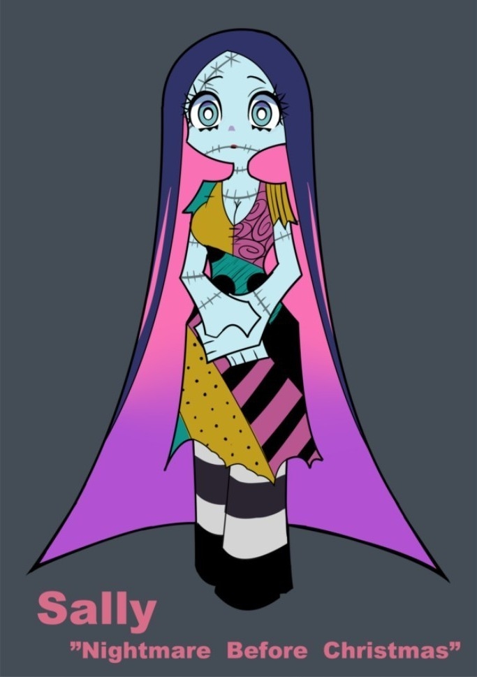 sally (nbc), stocking (psg), panty & stocking with garterbelt, the nightmare before christmas, 1girl, blue eyes, colored inner hair, dress, long hair, looking at viewer, multicolored hair, over-kneehighs, patchwork clothes, patchwork skin, pink hair, pinstripe pattern, purple hair, solo, stitched face, stitches, striped clothes, thighhighs, user nggj5578
