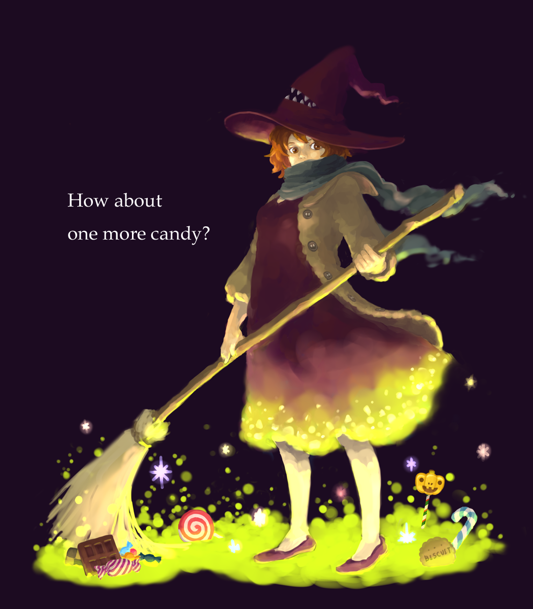 itoko, bad id, bad pixiv id, highres, broom, brown eyes, candy, candy cane, checkerboard cookie, chocolate, cookie, english text, food, glowing, halloween, hat, lollipop, messy hair, orange hair, red hair, short hair, simple background, solo, swirl lollipop, teeth, witch, witch hat