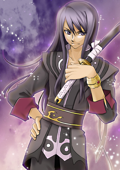 nina (pastime), yuri lowell, tales of (series), tales of vesperia, bad id, bad pixiv id, 00s, 1boy, black eyes, black hair, bracelet, jewelry, long hair, male focus, over shoulder, purple background, smile, solo, sword, weapon, weapon over shoulder