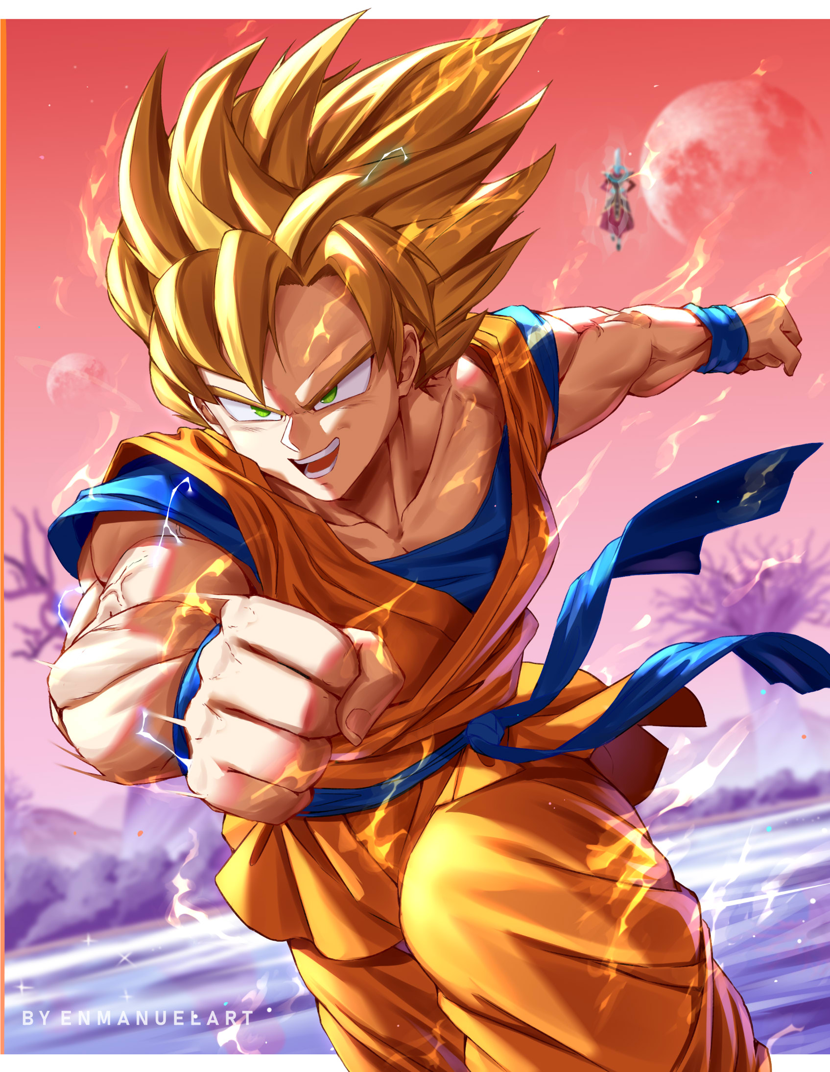 enma (enmanuelart), son goku, dragon ball, character request, check copyright, commentary, copyright request, english commentary, highres, 1boy, artist name, blonde hair, blue rope, blue tank top, blurry, blurry background, border, bracelet, clenched hands, collarbone, feet out of frame, full moon, gradient sky, green eyes, jewelry, light particles, looking to the side, male focus, medium hair, moon, multiple moons, muscular, muscular male, nose, open mouth, orange pants, orange robe, orange sky, outdoors, outside border, outstretched arm, pants, robe, rope, rope around waist, running, sky, solo focus, sparkle, sparkling aura, spiked hair, tank top, teeth, tongue, veins, watermark, white border