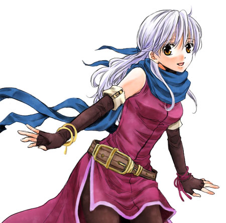 micaiah (fire emblem), fire emblem, fire emblem: radiant dawn, nintendo, silver hair, lowres, 1girl, bare shoulders, black gloves, black pantyhose, blue scarf, bracelet, dress, elbow gloves, female focus, fingerless gloves, gloves, half updo, jewelry, long hair, pantyhose, ribbon, scarf, side slit, simple background, sleeveless, sleeveless dress, solo, yellow eyes