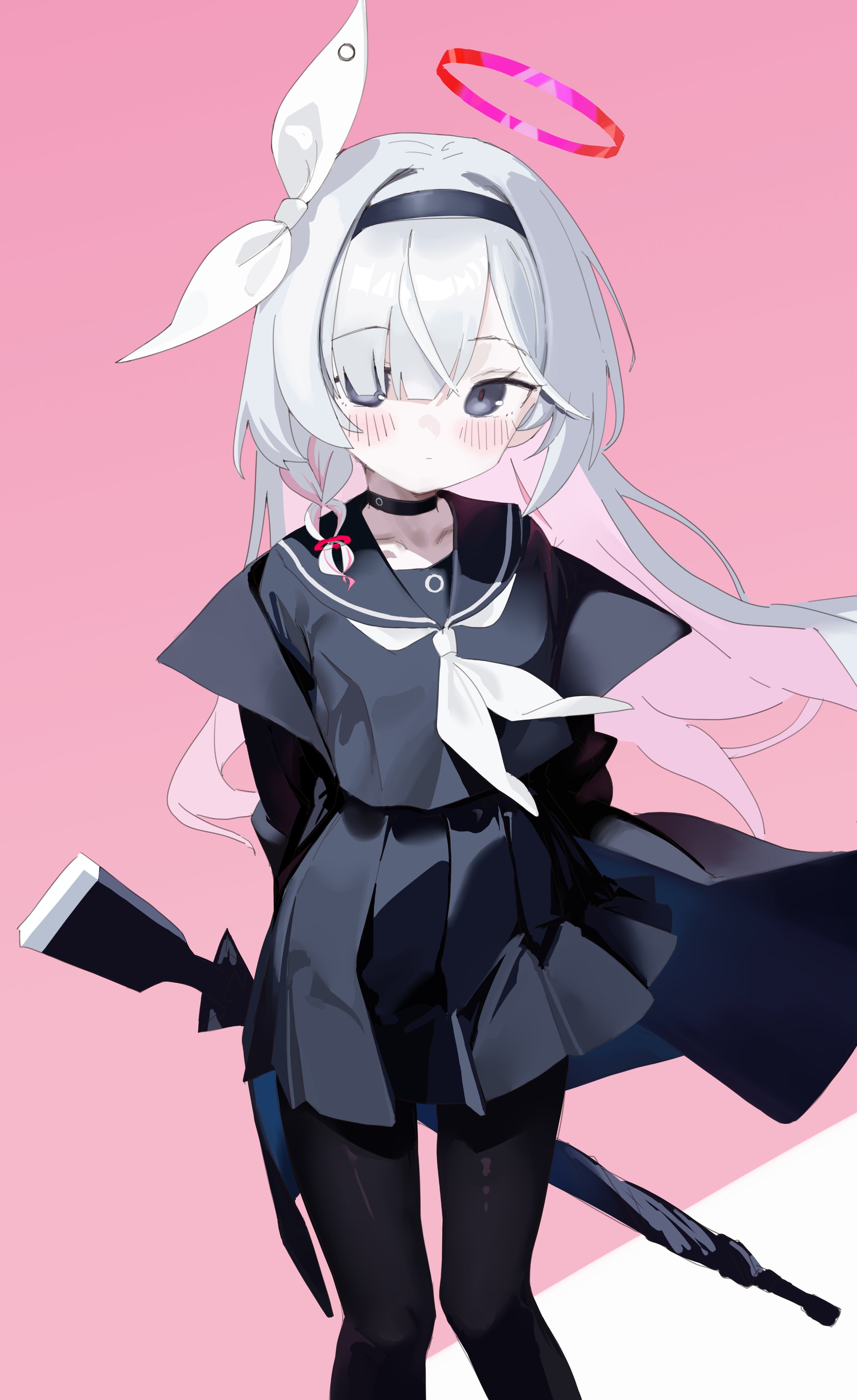 forback, plana (blue archive), blue archive, absurdres, highres, 1girl, arms behind back, black choker, black coat, black eyes, black hairband, black pantyhose, black sailor collar, black serafuku, black skirt, blush, braid, choker, closed mouth, coat, colored inner hair, gun, hair over one eye, hairband, halo, holding, long hair, looking at viewer, multicolored hair, neckerchief, open clothes, open coat, pantyhose, pink background, pink hair, pleated skirt, red halo, red pupils, sailor collar, school uniform, serafuku, single braid, skirt, solo, umbrella, weapon, white hair, white neckerchief