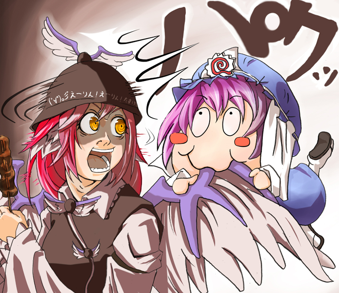 raptor (artist), mystia lorelei, saigyouji yuyuko, touhou, bad id, bad pixiv id, 2girls, eating, female focus, food, kamaboko, multiple girls, narutomaki, skewer, surprised
