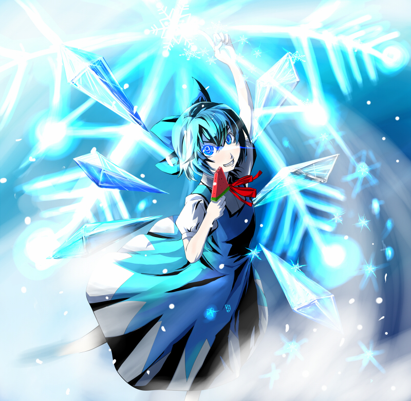 raptor (artist), cirno, touhou, bad id, bad pixiv id, 1girl, circled 9, dress, female focus, food, fruit, gradient background, popsicle, solo, watermelon bar