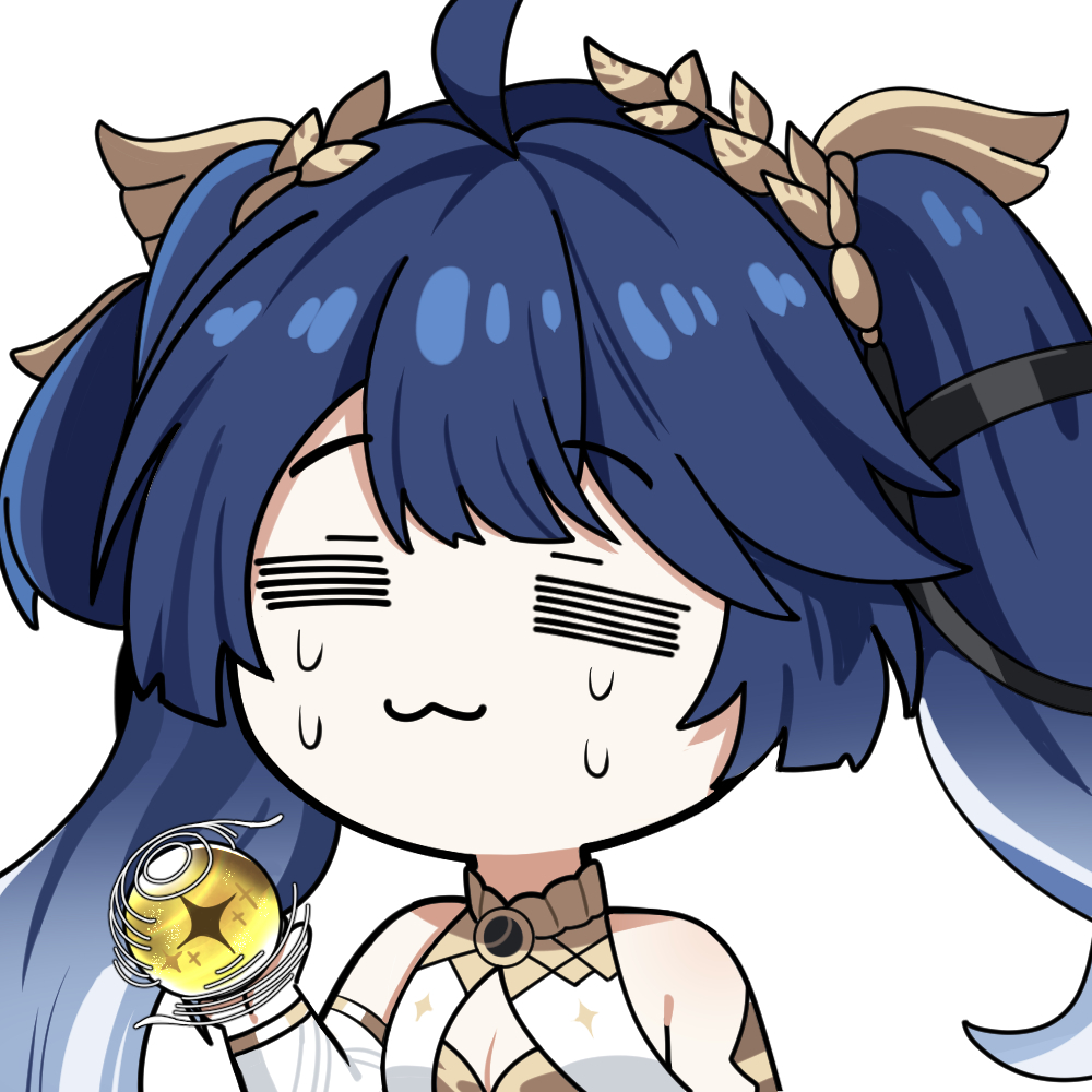 twomoon, iuno (wuthering waves), wuthering waves, commentary, english commentary, revision, 1girl, :3, = =, ahoge, armlet, bare shoulders, blue hair, breasts, chibi, chibi only, cleavage, closed mouth, gradient hair, jewelry, laurel crown, long hair, multicolored hair, simple background, solo, tears, twintails, upper body, white background