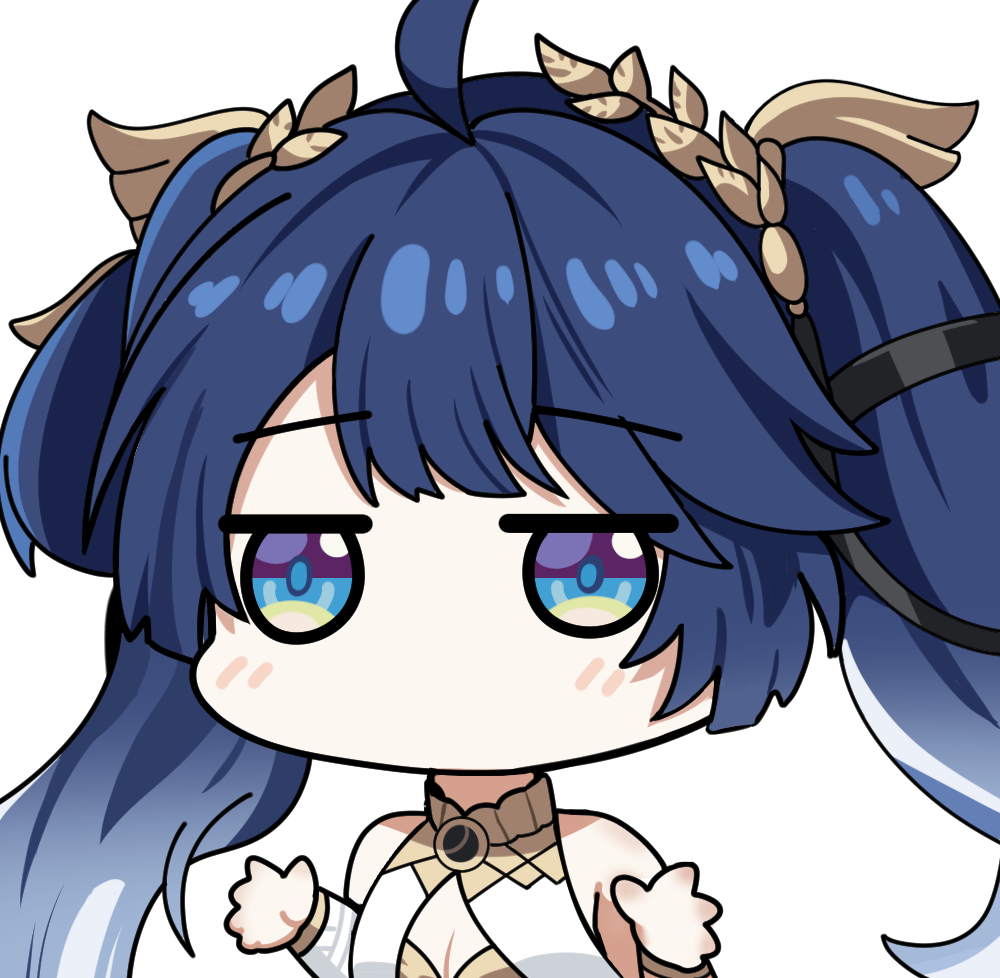 twomoon, iuno (wuthering waves), wuthering waves, commentary, english commentary, revision, 1girl, ahoge, bare shoulders, blue eyes, blue hair, breasts, chibi, chibi only, cleavage, gold bra, gradient hair, laurel crown, long hair, looking at viewer, medium breasts, multicolored hair, no mouth, portrait, simple background, solo, twintails, white background