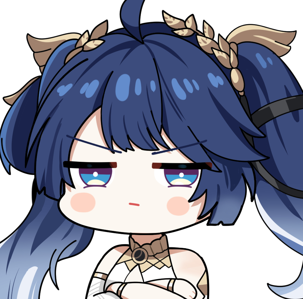 twomoon, iuno (wuthering waves), wuthering waves, commentary, english commentary, revision, 1girl, ahoge, bare shoulders, blue eyes, blue hair, breasts, chibi, chibi only, cleavage, closed mouth, gold bra, gradient hair, laurel crown, long hair, looking at viewer, medium breasts, multicolored hair, portrait, simple background, solo, twintails, v-shaped eyebrows, white background