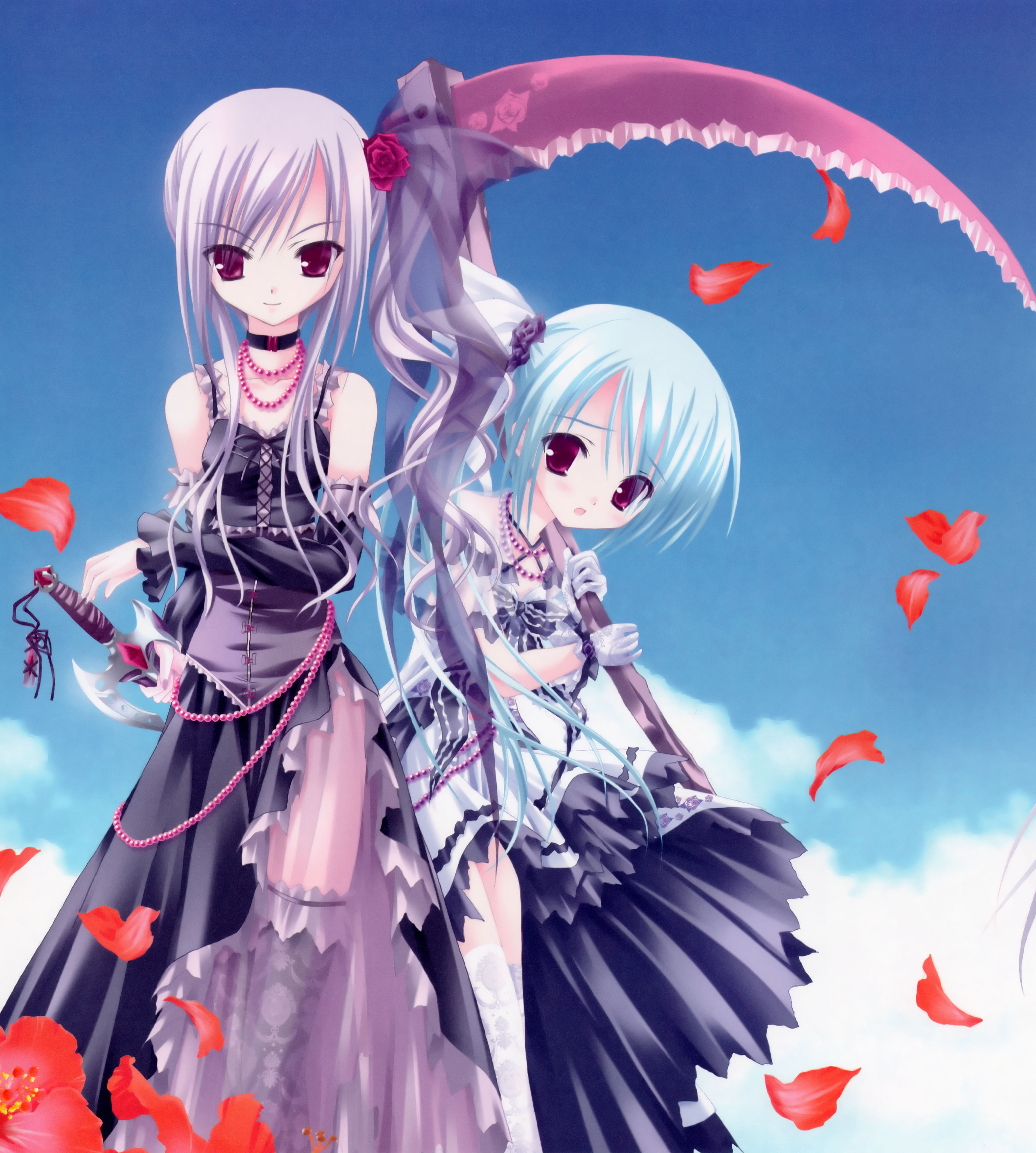 tinker bell (pixiv 10956015), duel dolls, absurdres, highres, 2girls, blue hair, dress, multiple girls, petals, pink eyes, purple hair, scythe
