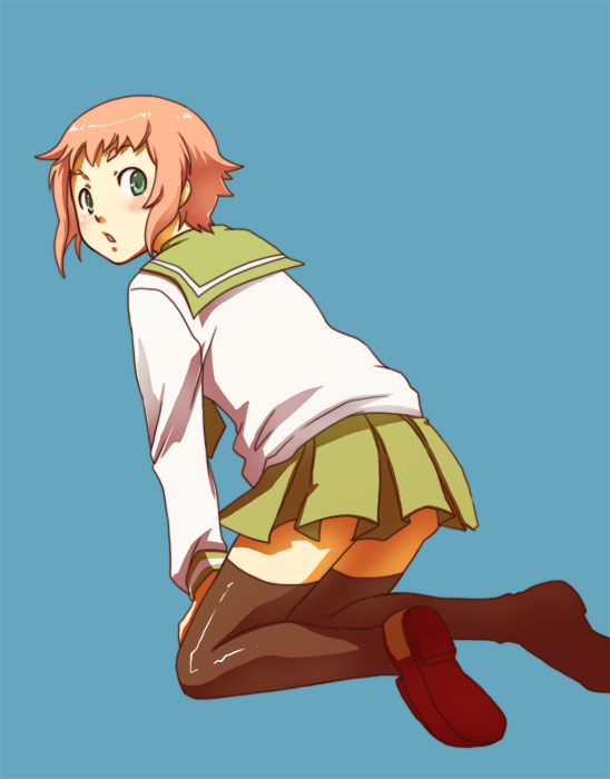 suzu (meabeasheep), suzu (pixiv98534), kim diehl, soul eater, bad id, bad pixiv id, 00s, 1girl, back, blue background, blush, facing viewer, female focus, full body, green eyes, green skirt, kneeling, leaning forward, long sleeves, looking back, open mouth, pink hair, sailor, sailor collar, school uniform, serafuku, shirt, shoes, short hair, simple background, sitting, skirt, solo, thighhighs, white shirt