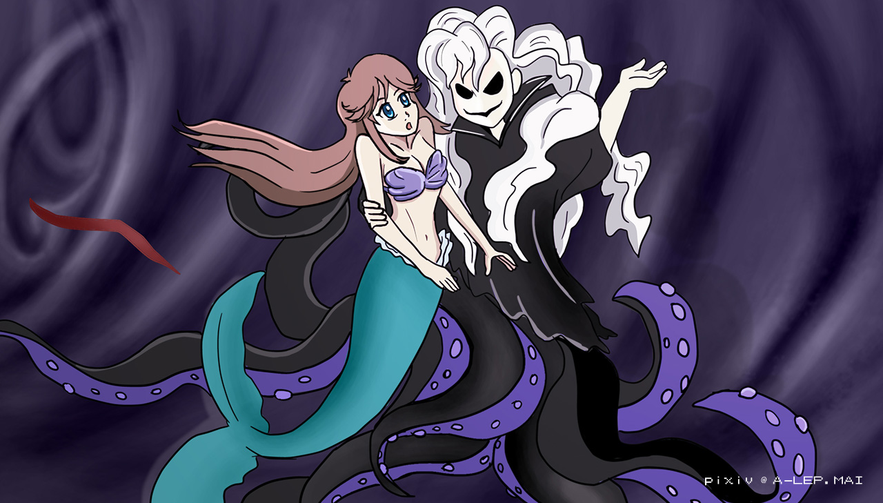 green (pokemon), nintendo, pokemon, pokemon adventures, the little mermaid (disney), character request, highres, 1girl, 1other, ahoge, armpit crease, arms at sides, bikini, blue eyes, breasts, brown hair, cleavage, collarbone, eyelashes, female focus, fins, fish tail, floating hair, full body, long hair, looking at another, masked, medium breasts, mermaid, midriff, monster girl, navel, neck, octopus girl, open mouth, pale skin, parody, purrrloin, shell, shell bikini, sidelocks, stomach, strapless, strapless bikini, surprised, tail, tentacles, underwater, very long hair, white hair