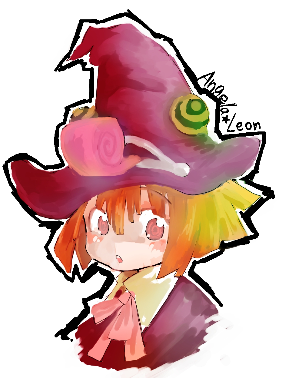 libra ten, raiya, angela leon, soul eater, highres, 00s, 1girl, blush, child, female focus, hat, orange hair, pink eyes, solo, witch, witch hat