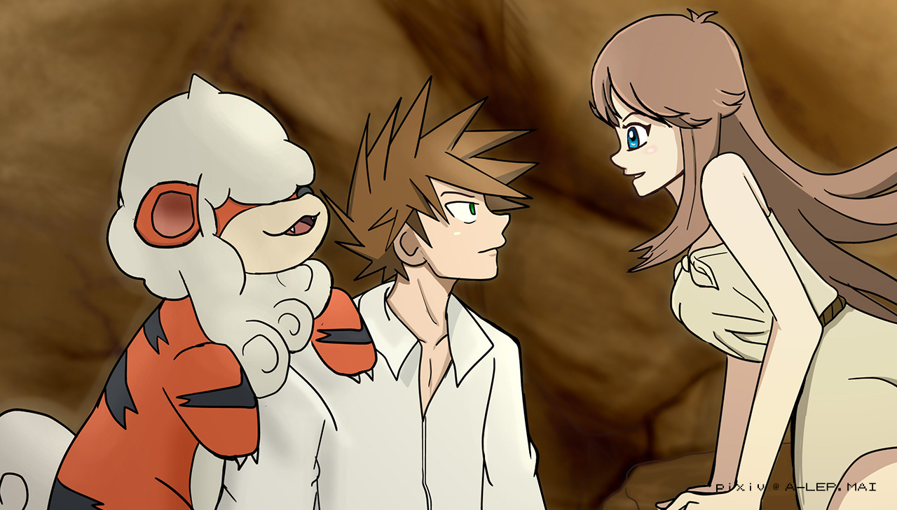 blue oak, green (pokemon), hisuian growlithe, nintendo, pokemon, pokemon adventures, the little mermaid (disney), highres, 1boy, 1girl, ahoge, arm support, bare shoulders, beach, blue eyes, breasts, brown hair, collarbone, eye contact, fang, green eyes, happy, long hair, looking at another, medium breasts, multiple views, naked robe, neck, no bra, on shoulder, open mouth, orange hair, outdoors, parody, pokemon (creature), pokemon on shoulder, profile, purrrloin, robe, rock, rope belt, sidelocks, sitting, sitting on rock, spiked hair, surprised, thighs, turnaround