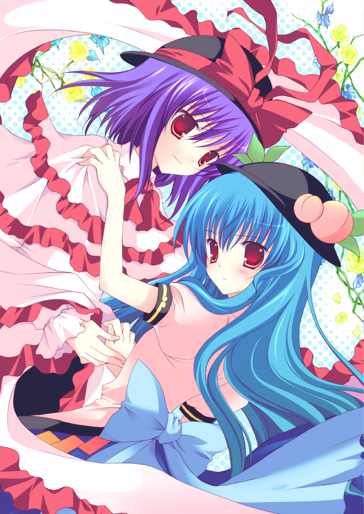 shirogane hina, hinanawi tenshi, nagae iku, touhou, 2girls, blue hair, blush, female focus, flower, food, fruit, hat, hat ribbon, long hair, multiple girls, peach, purple hair, red eyes, ribbon, short hair, standing, white background