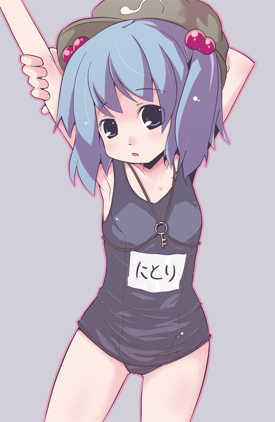 nidieu, nijiu, kawashiro nitori, touhou, 1girl, blue eyes, blue hair, female focus, flat chest, hair bobbles, hair ornament, hat, key, matching hair/eyes, one-piece swimsuit, school swimsuit, solo, swimsuit, twintails, two side up