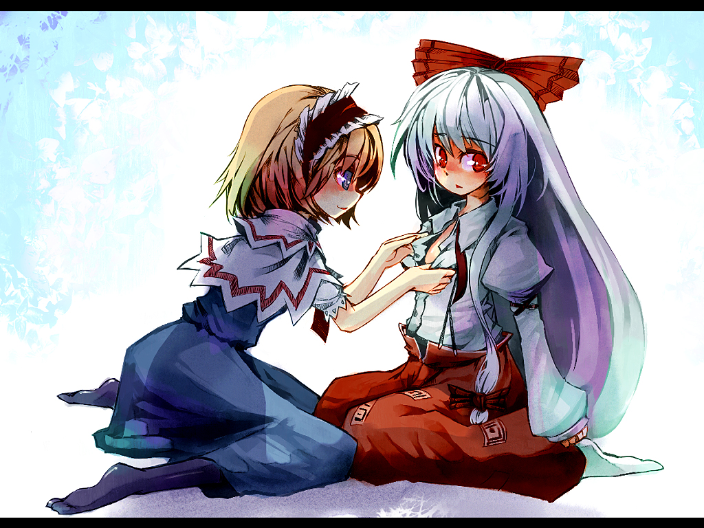 ukyo rst, alice margatroid, fujiwara no mokou, touhou, silver hair, 2girls, blonde hair, blue eyes, bow, female focus, hairband, kneeling, letterboxed, long hair, multiple girls, open clothes, open shirt, pants, pantyhose, red eyes, shirt, socks, yuri